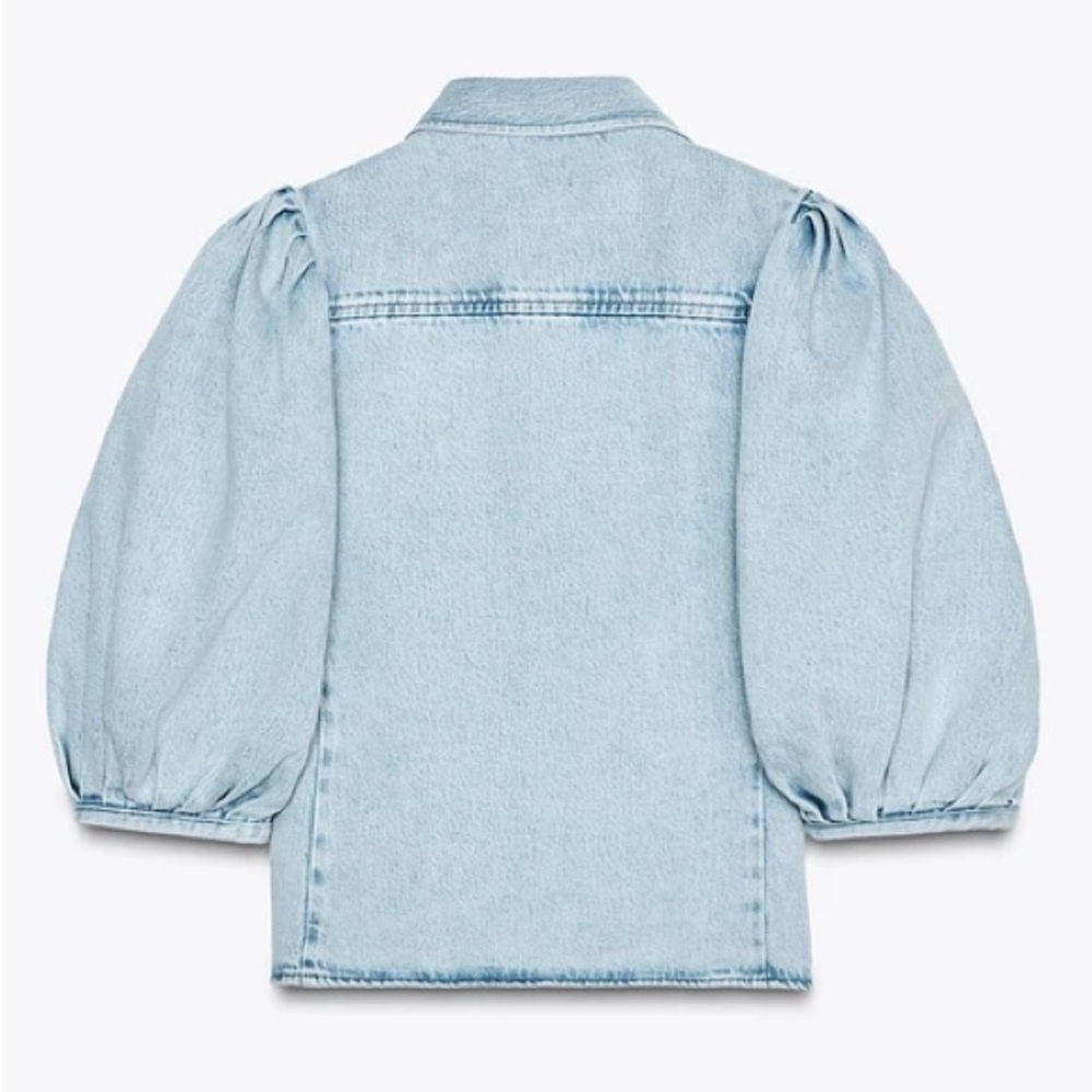 Zara NWT Light Blue Cotton Blend Denim Lapel Collar Puff Sleeve Blouse (Small) - Picture 7 of 8